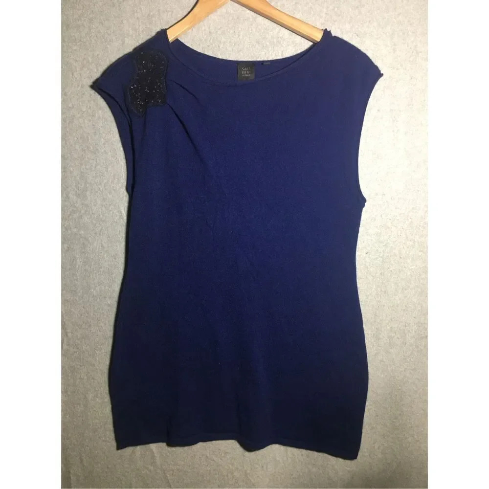 Womens Saks Fifth Avenue Dress Blue Cashmere Black Sequined Sleeveless Fancy